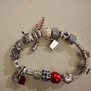 Pandora Bracelet with 16 retired charms, Great Valentine Gift